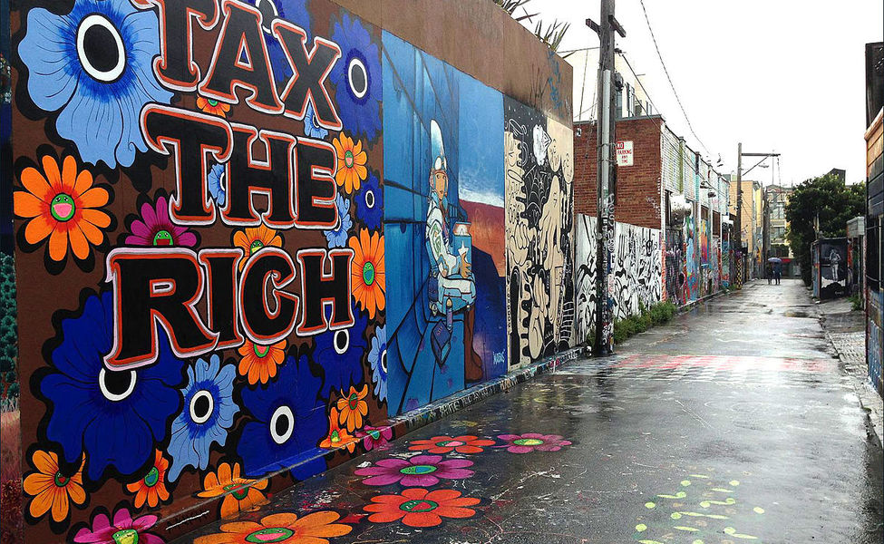 Large  tax the rich  mural by megan wilson on clarion alley san francisco